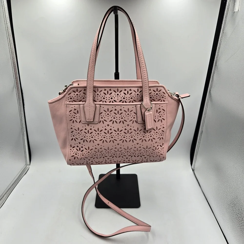 Pink Coach Taylor Eyelet Bette Leather Mini Tote Purse Laser Cut Floral Satin